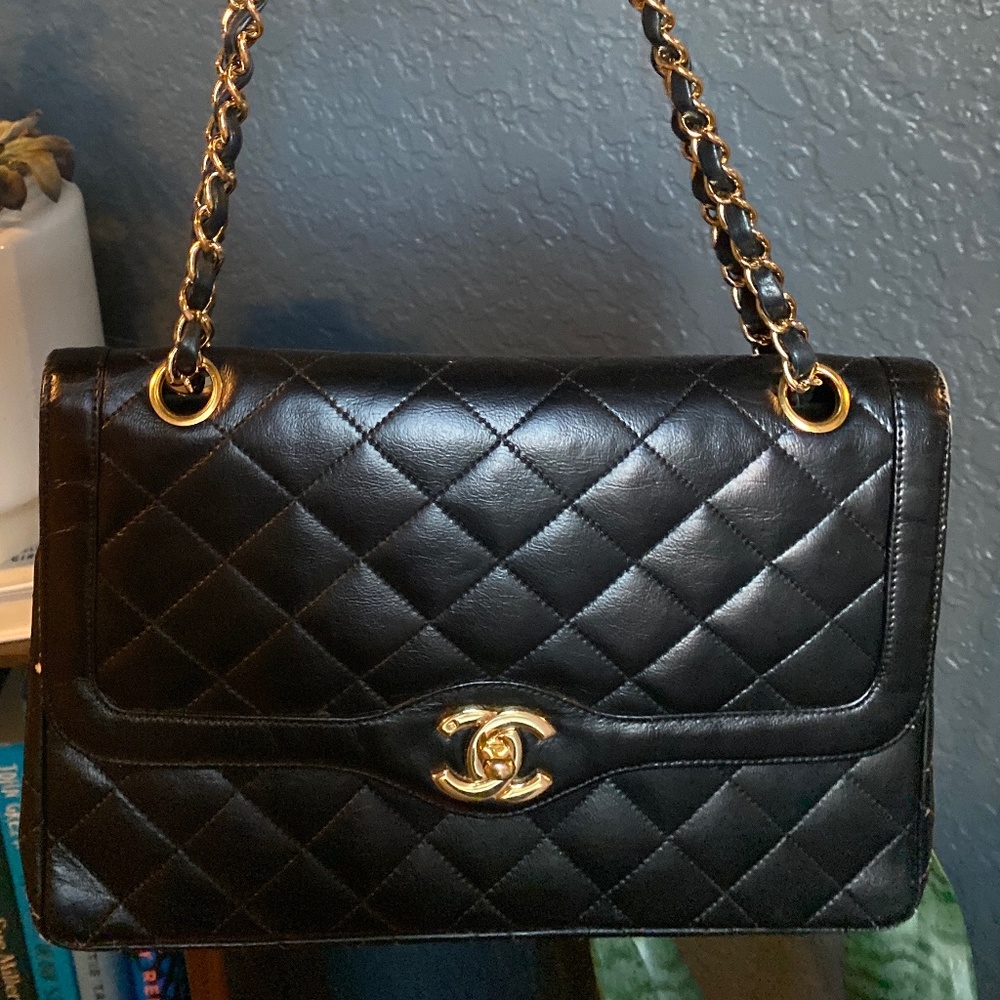 Chanel Double Flap Vintage Lambskin Quilted Cc Medium Black Shoulder Bag